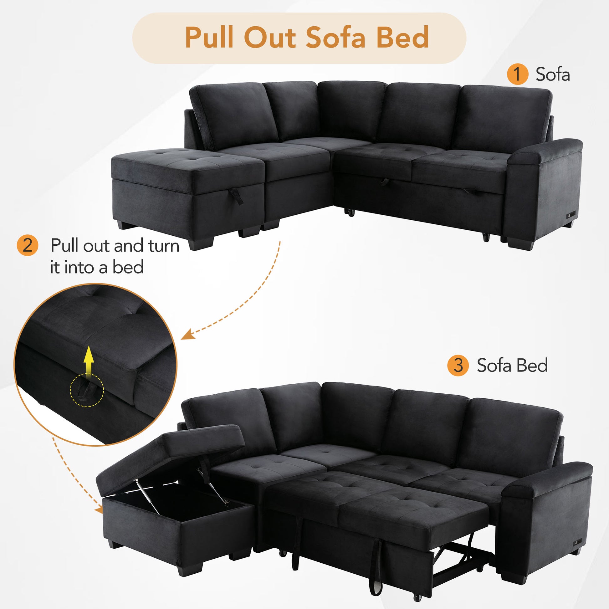 Dark gray pull out sofa bed with tufted cushions and storage ottoman for sale