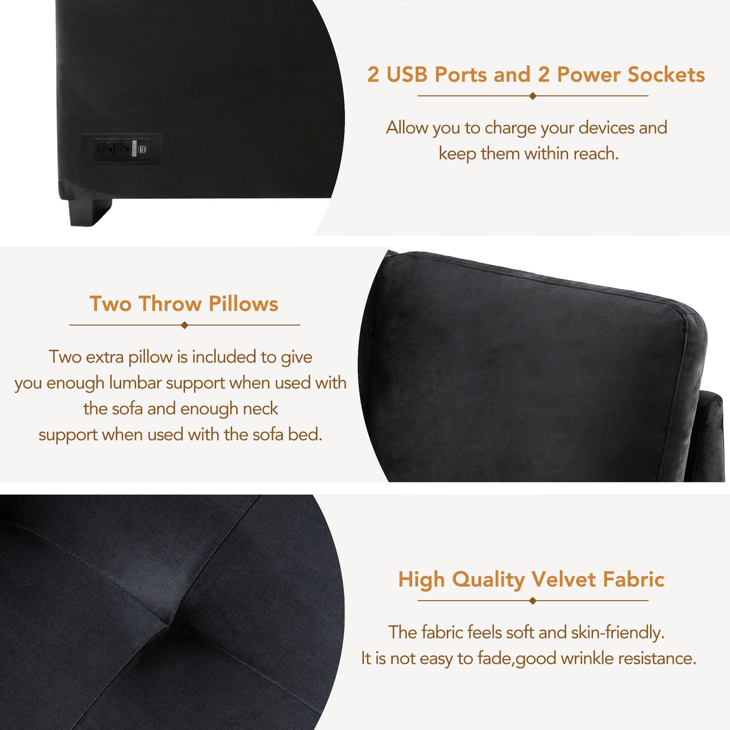 Black sofa side panel featuring integrated USB ports and power sockets for device charging