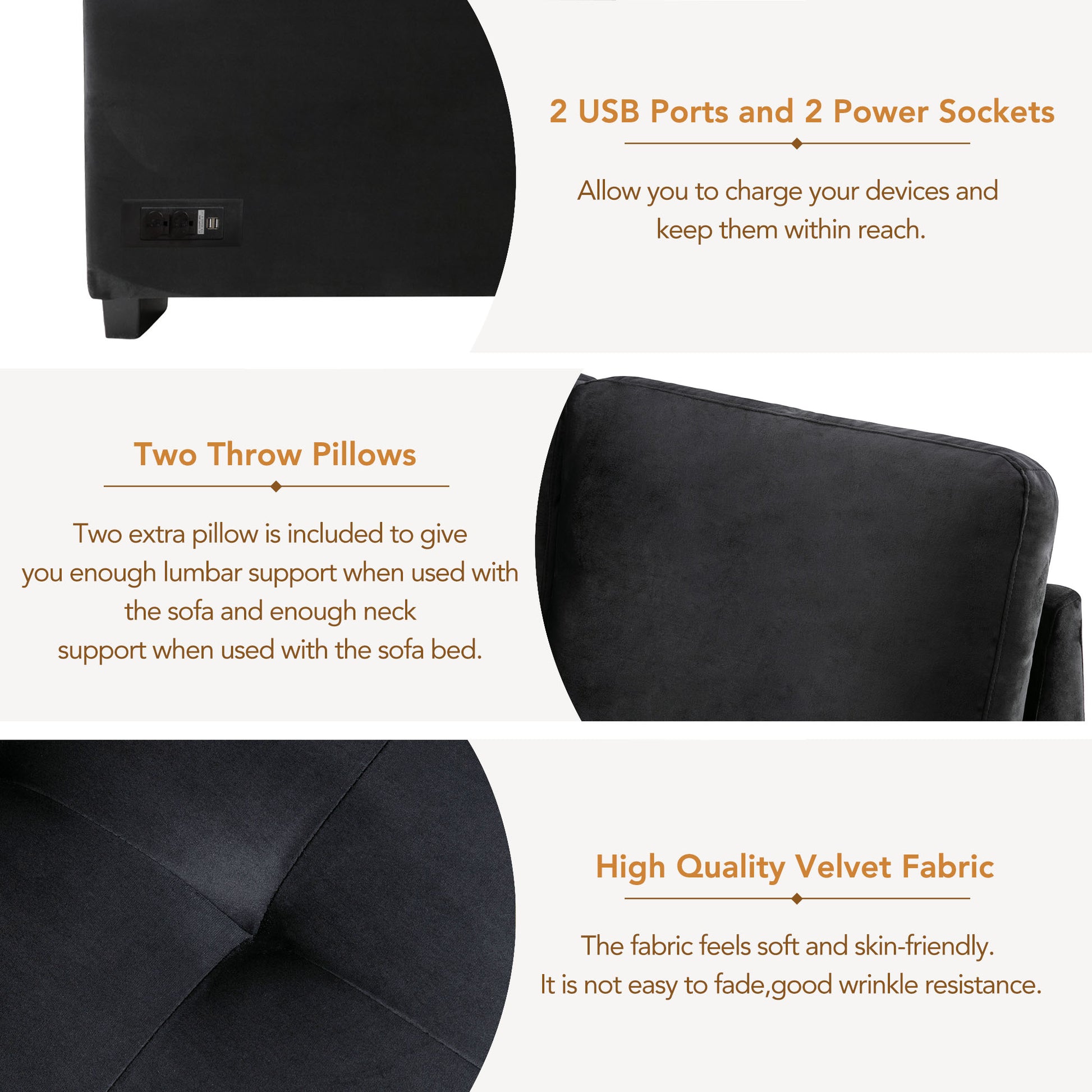 Black sofa side panel featuring integrated USB ports and power sockets for device charging