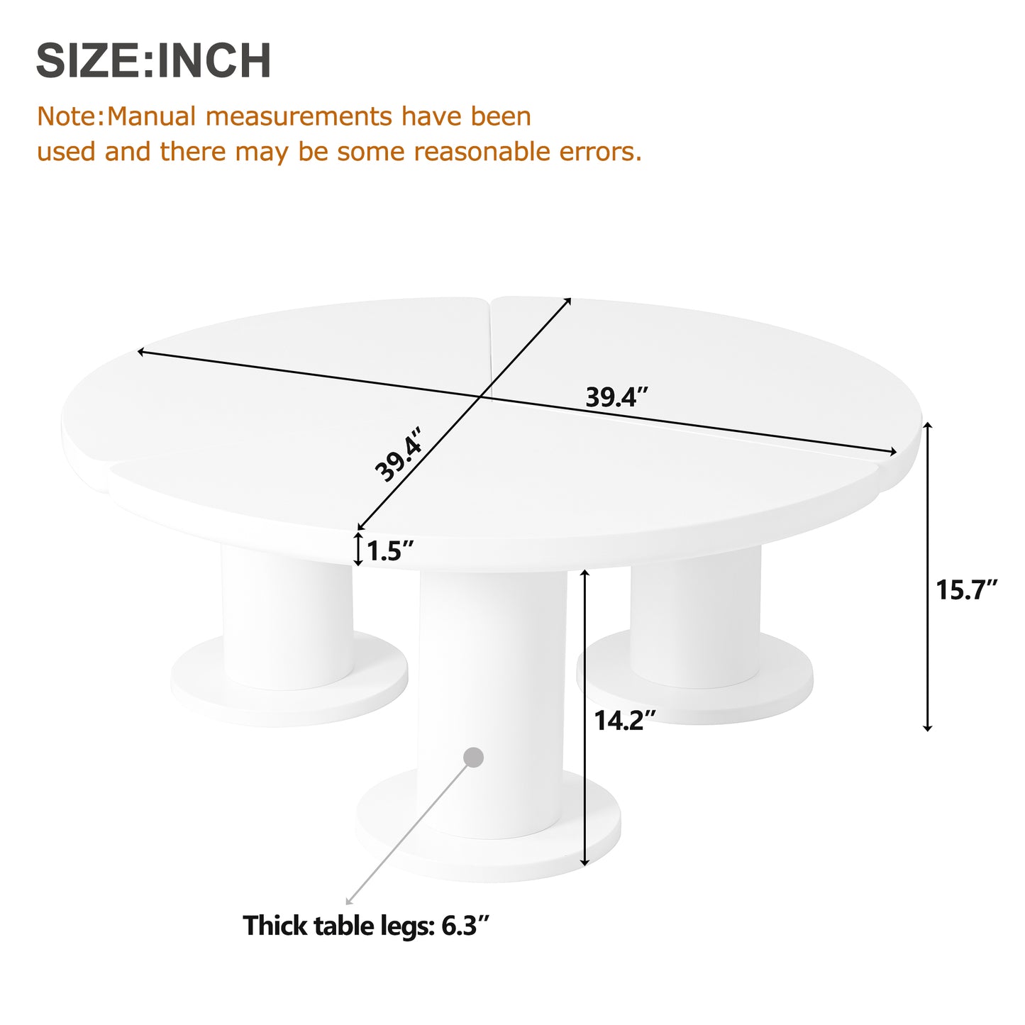 White round dining table with dual pedestal legs and  inch diameter