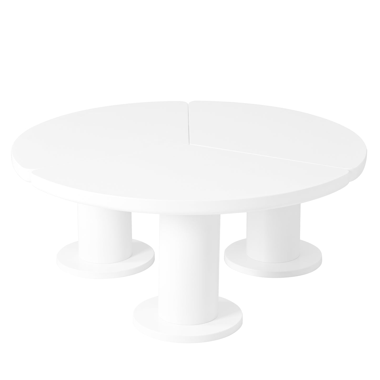 Modern white round cake stand with three cylindrical legs and a pedestal base perfect for displaying desserts