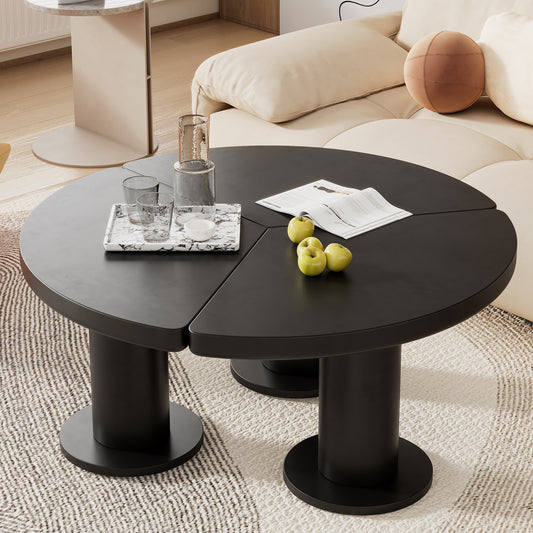 Matte black round coffee table with cylindrical pedestals perfect for modern living rooms