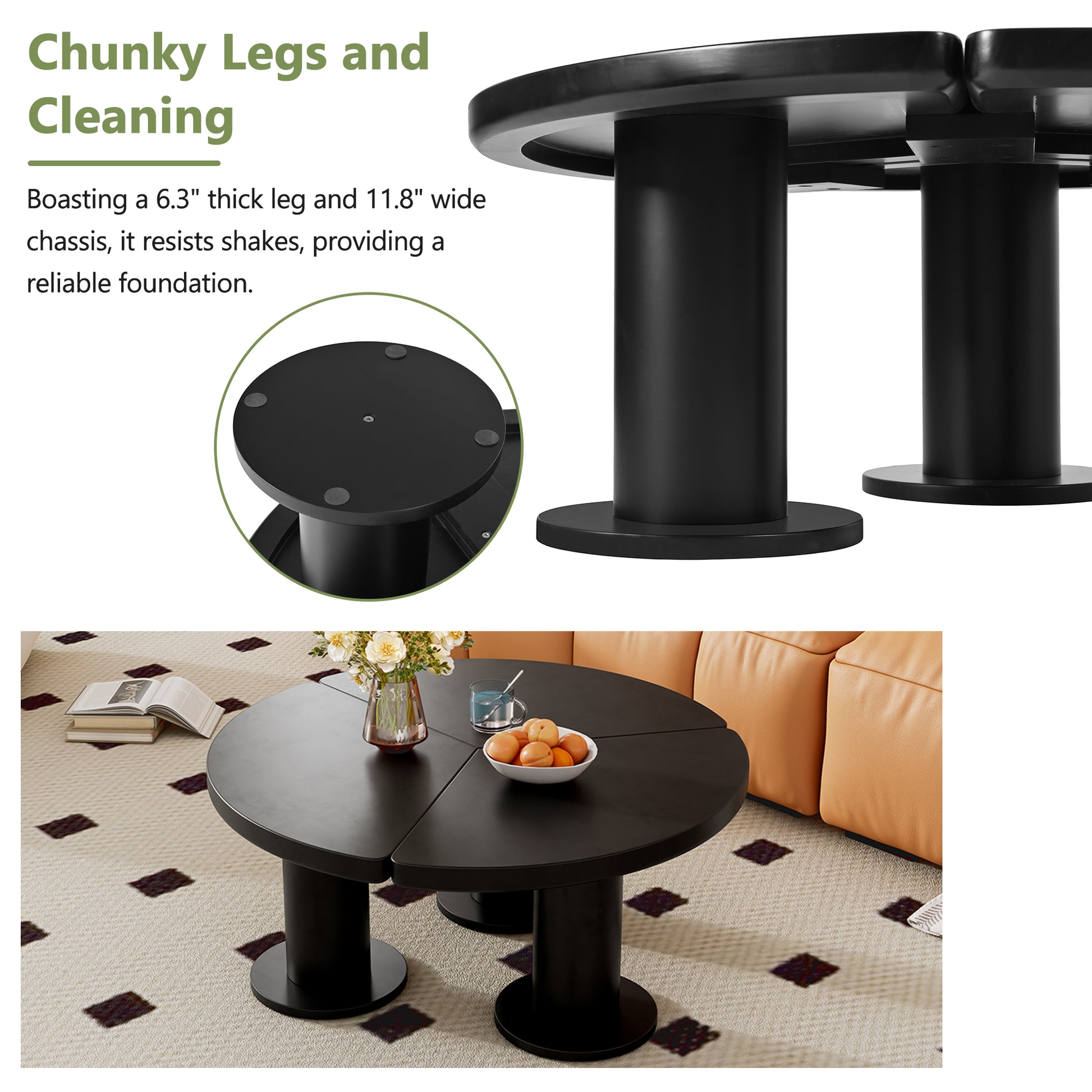 Black round coffee table with chunky legs and segmented top
