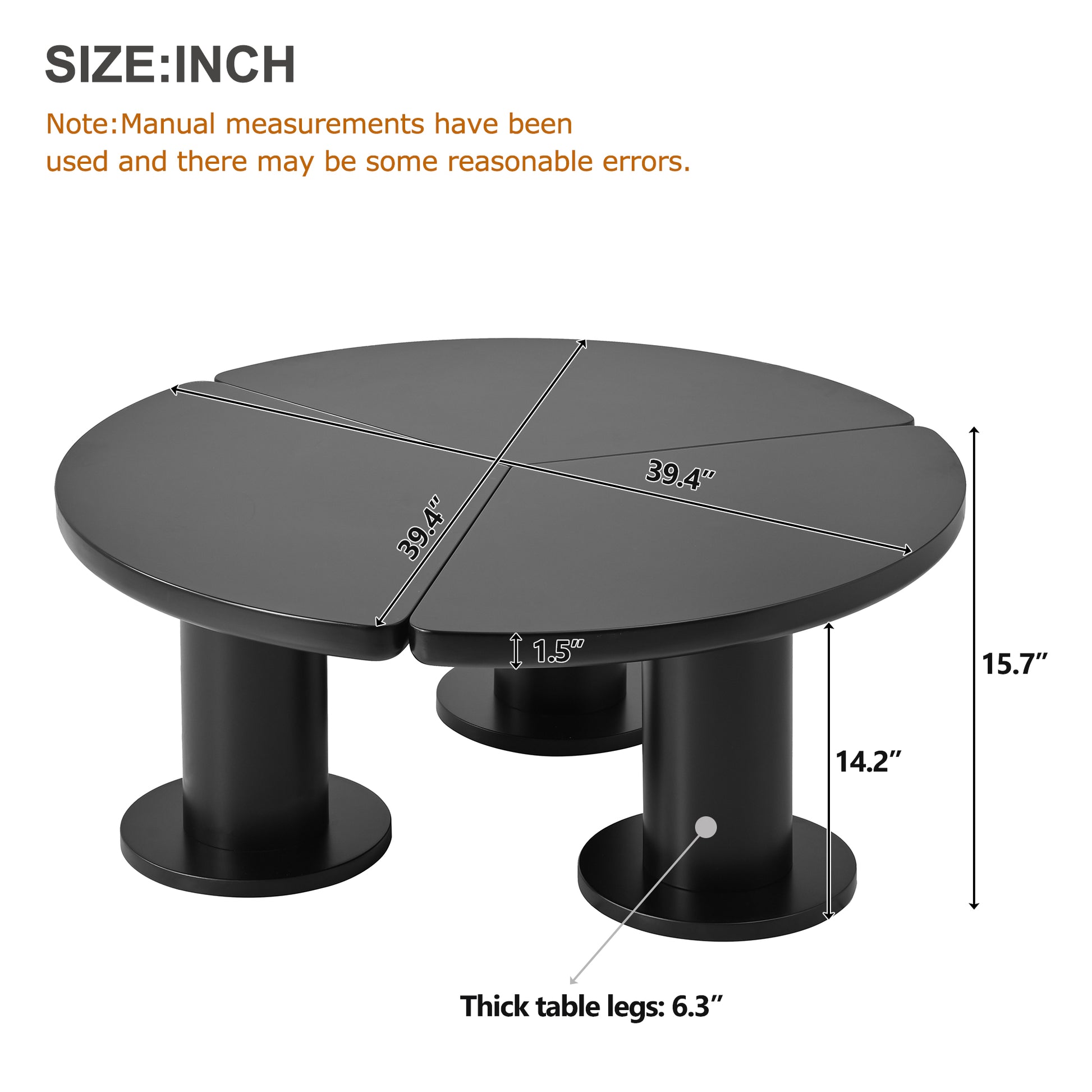 Modern black round coffee table with unique pedestal legs and detailed dimensions shown