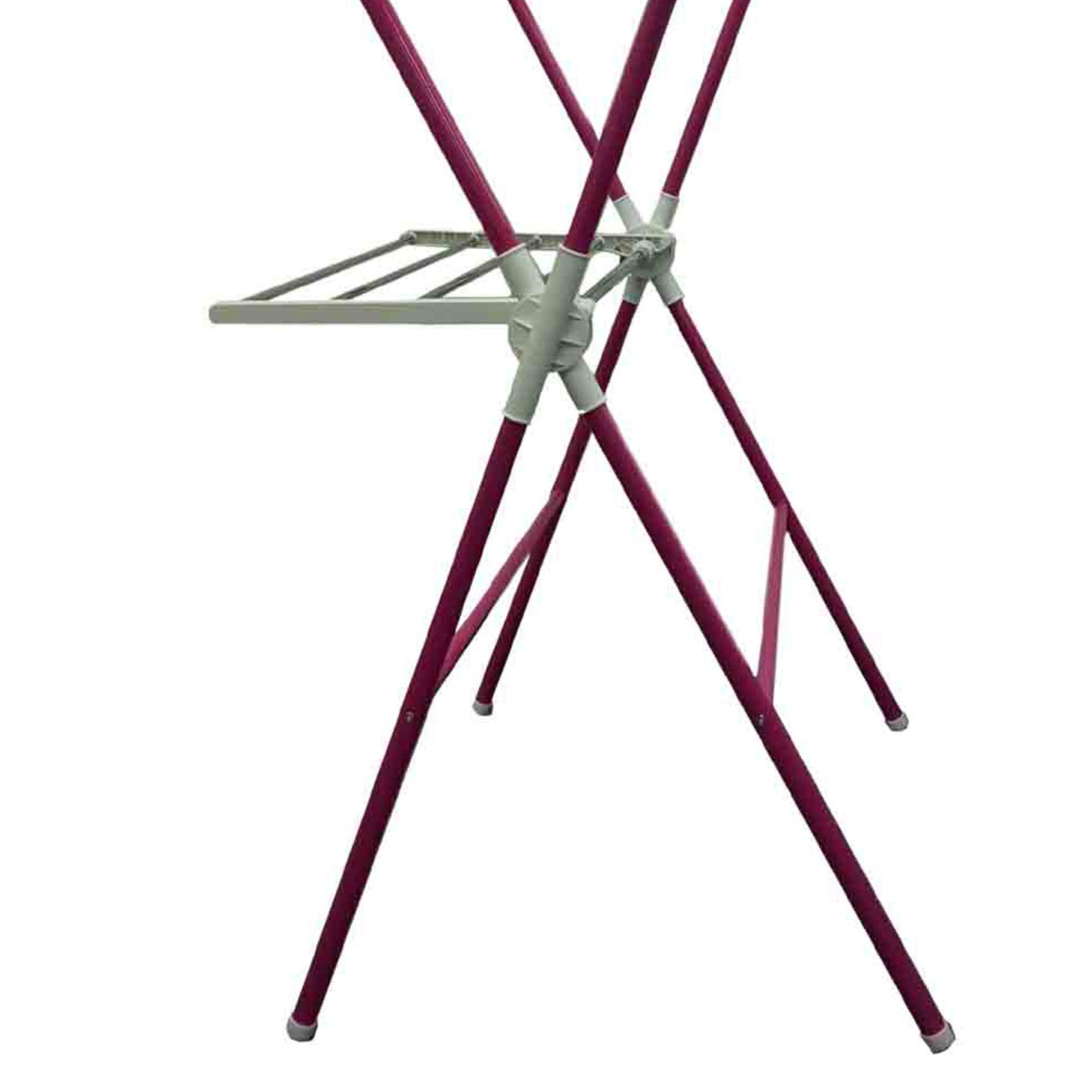 Maroon collapsible drying rack with white plastic connectors for laundry