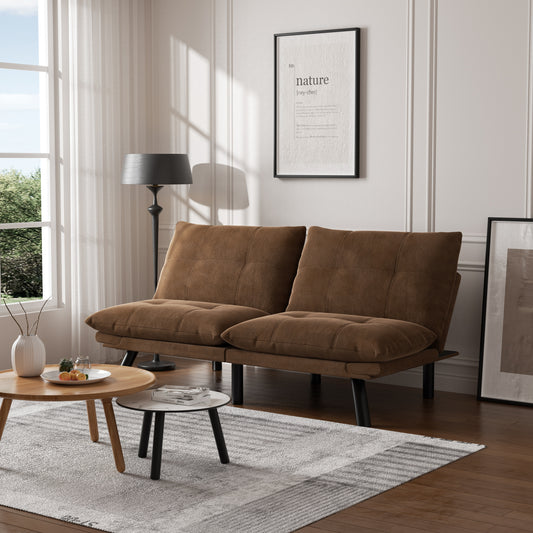 Brown futon sofa with tufted cushions and black legs perfect for small spaces