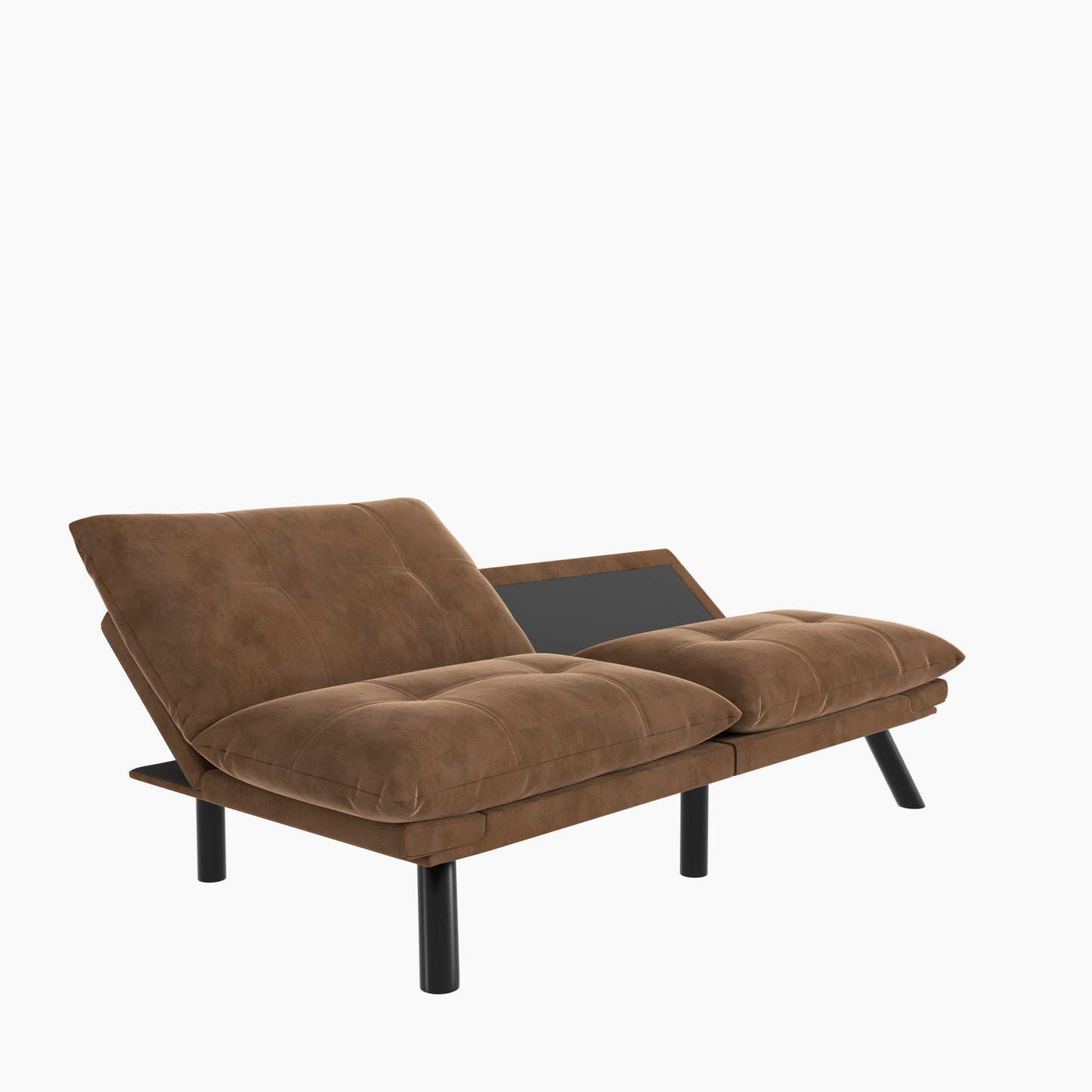 Brown velvet futon sofa with tufted cushions and black metal legs