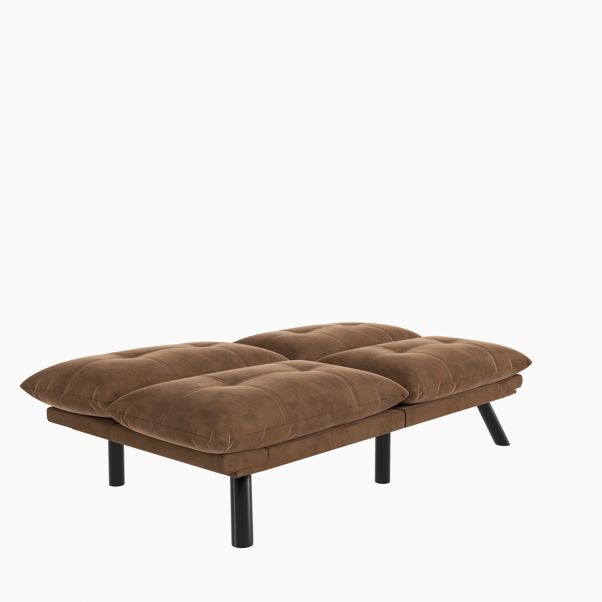 Tufted brown velvet futon sofa with black metal legs ideal for small spaces