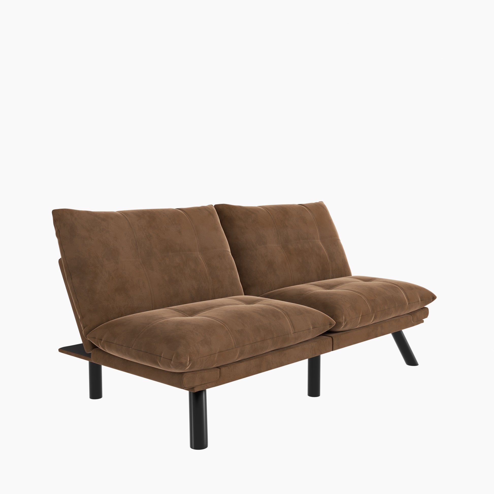 Brown tufted velvet futon sofa with black metal legs for a modern living room