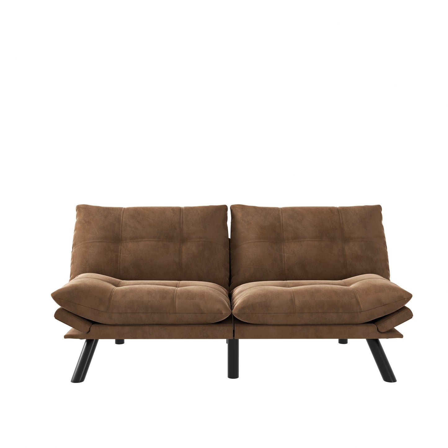 Brown suede sofa with tufted cushions and black metal legs for living room seating