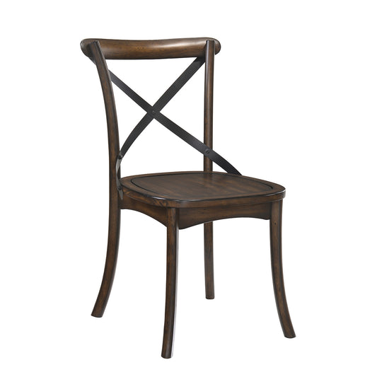 Dark wood dining chair with curved legs and crisscross back