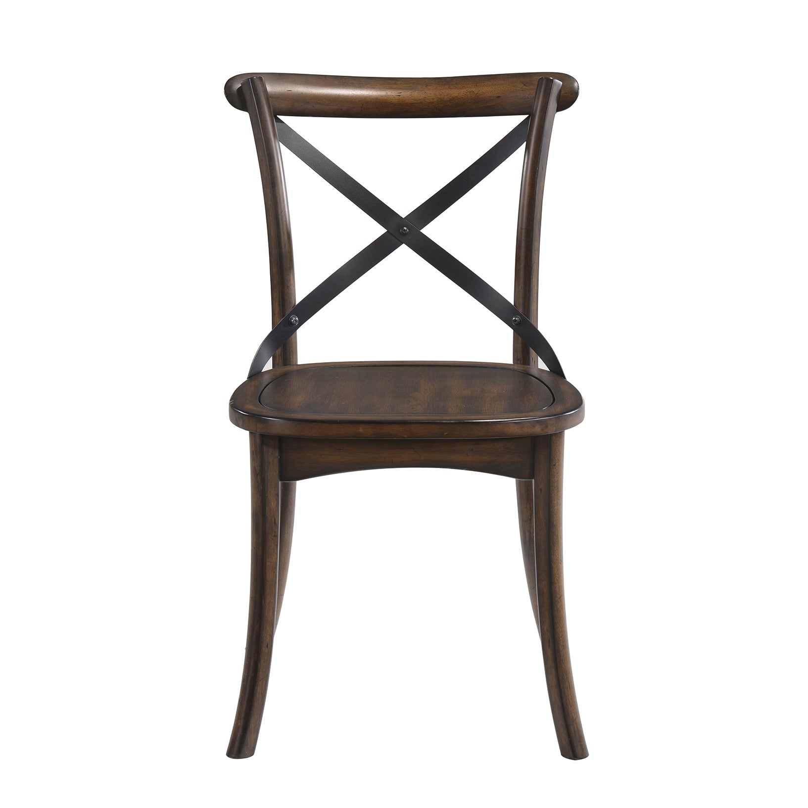 Dark wood dining chair with curved back and Xshaped metal accent