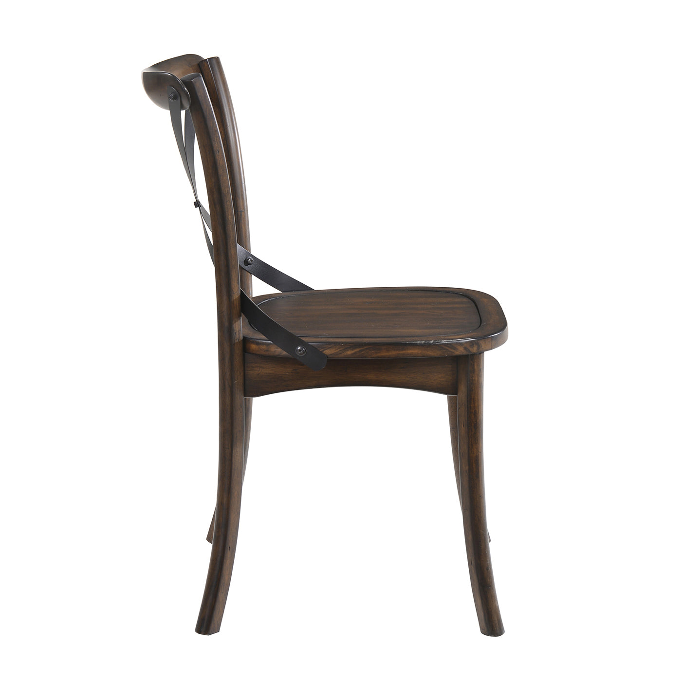 Dark oak wooden dining chair with curved back and metal accents