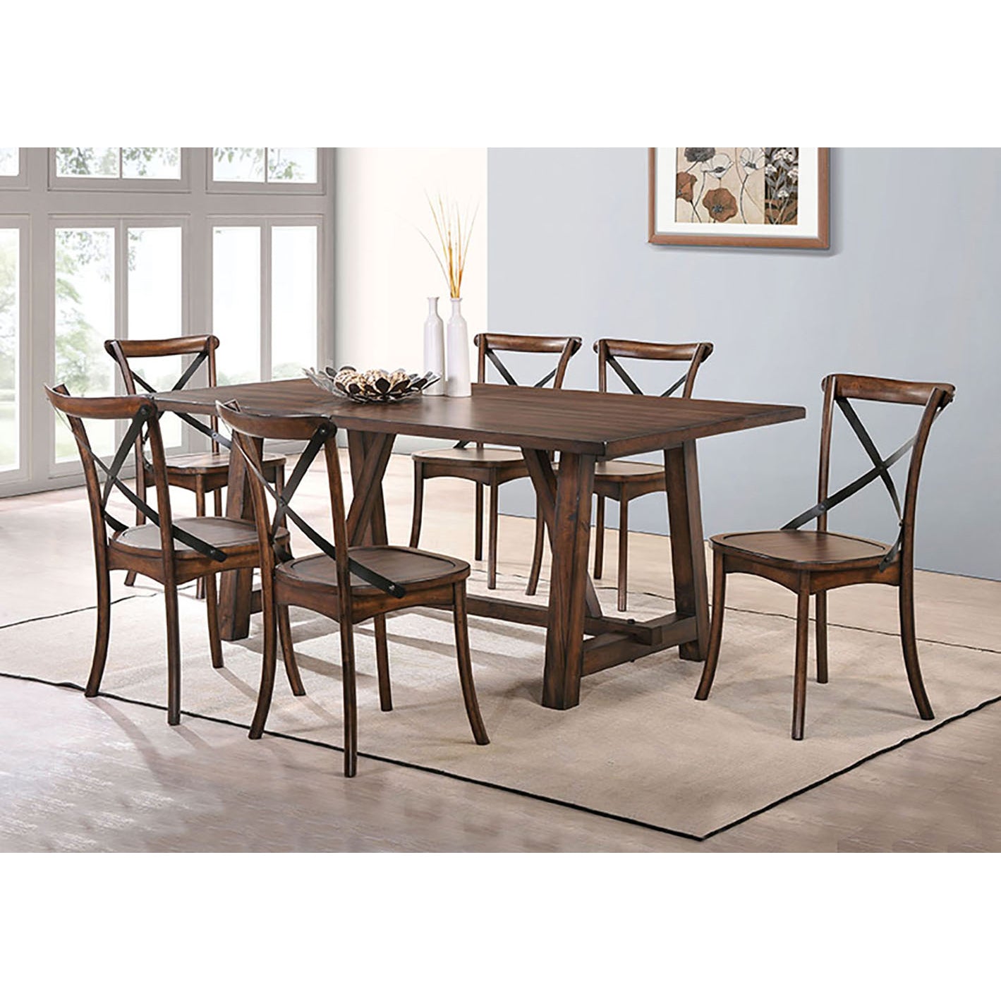 Rustic dark wood dining table set with six crossback chairs