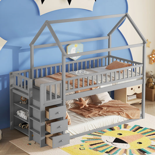 Gray wooden house bunk bed with shelves and drawers