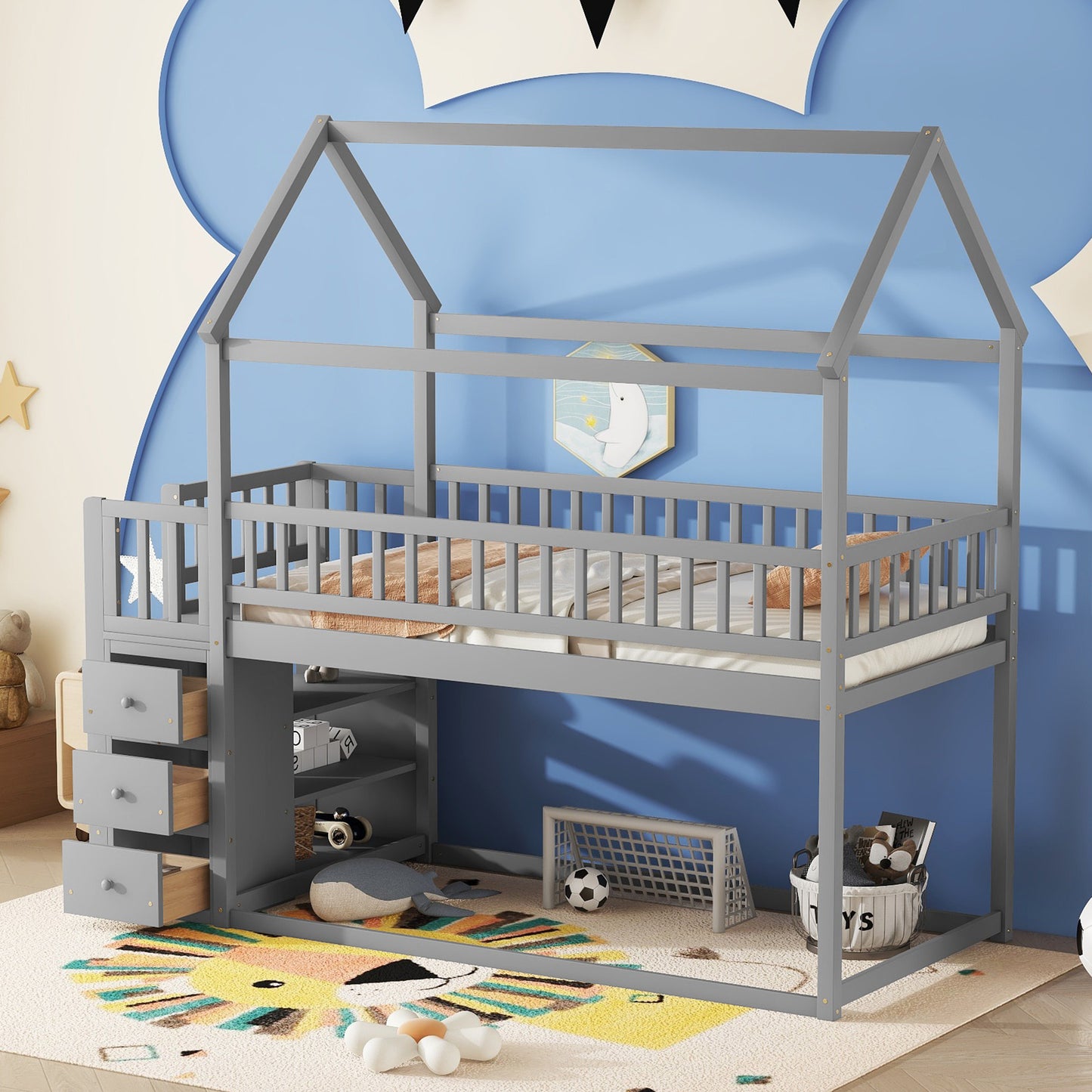 Gray wooden house bed with guardrails and integrated drawers