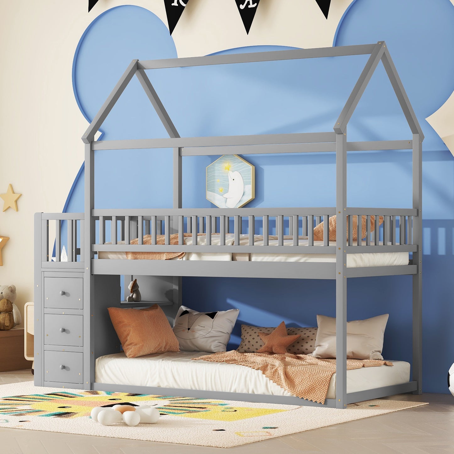 Gray wooden house bunk bed with drawers for kids room