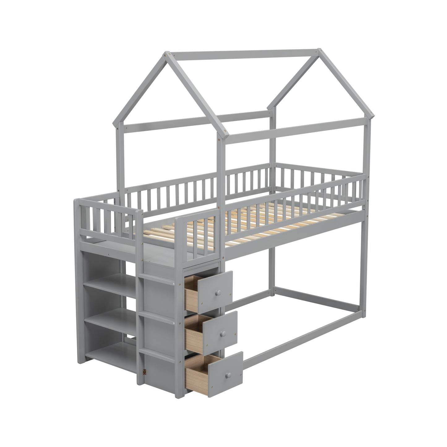 Gray wooden house bunk bed with drawers and shelves