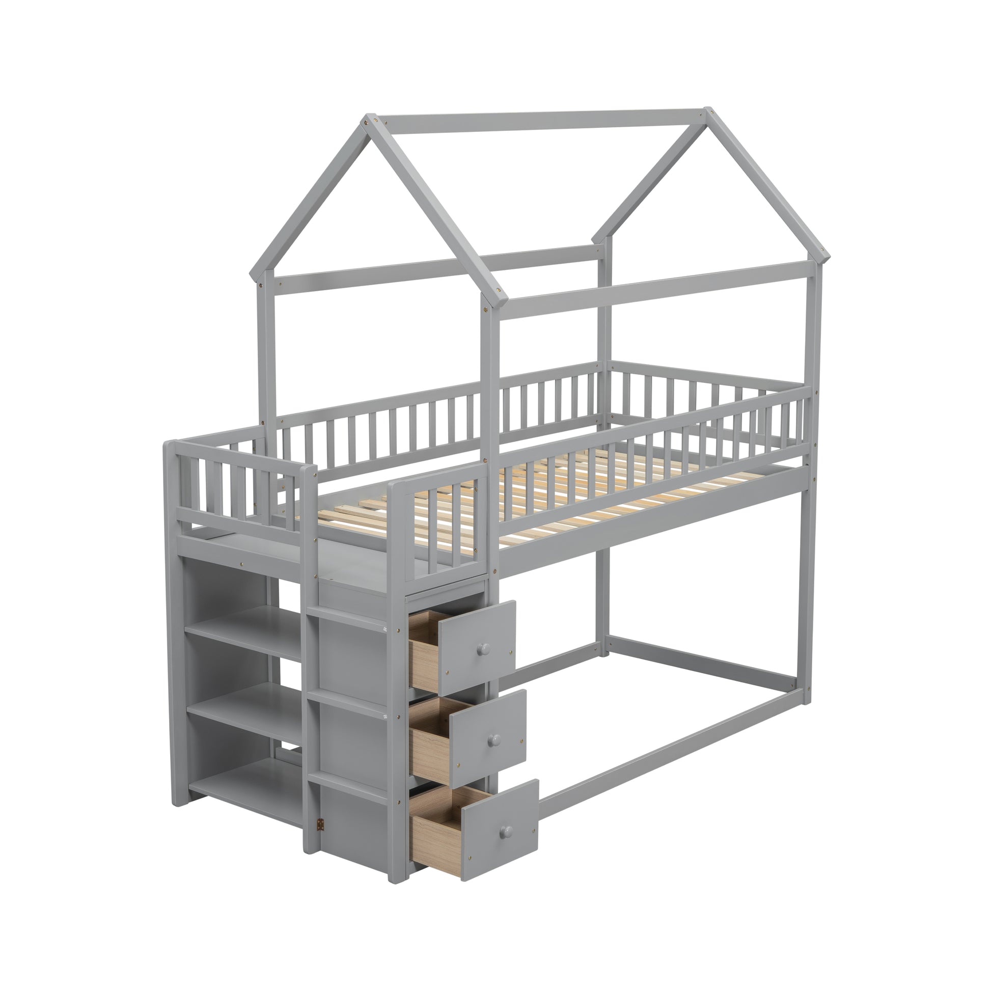 Gray wooden house bunk bed with drawers and shelves