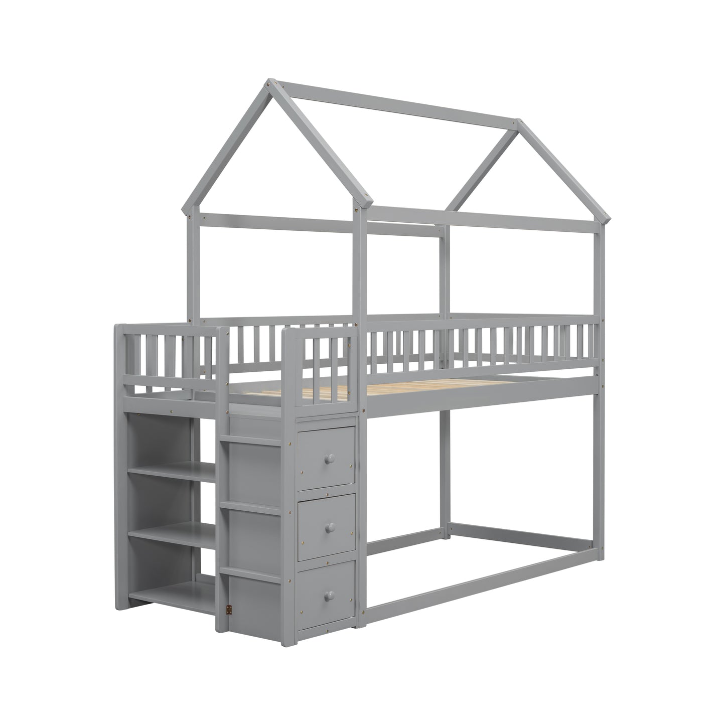 Gray wooden house bunk bed with ladder and drawers for kids room
