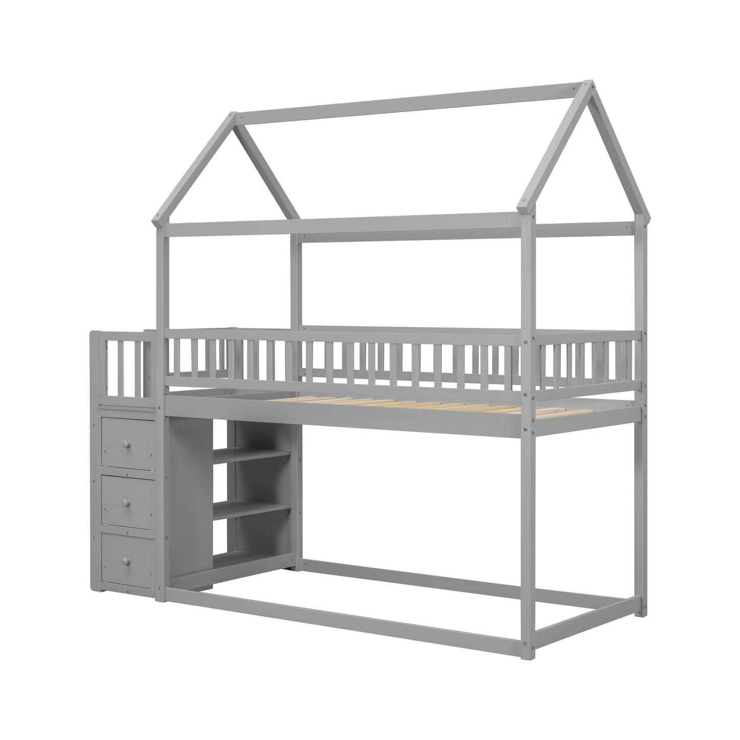 Space-saving Twin/Twin Bunk Bed with Shelves and Drawers in Grey