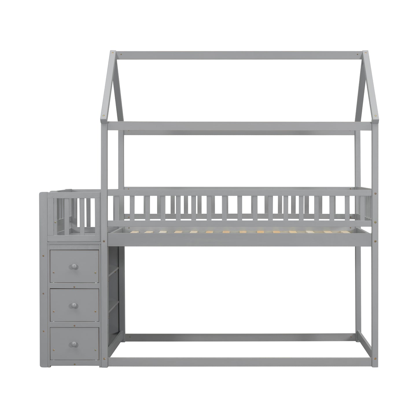 Gray wooden house bed with builtin storage drawers and ladder