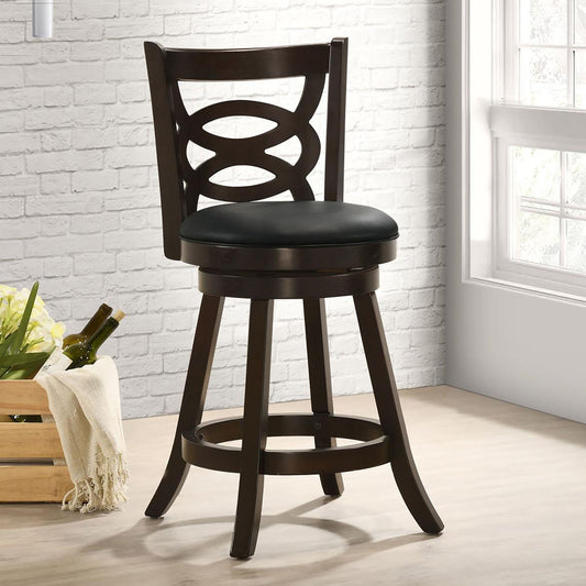 Dark wood swivel bar stool with black faux leather seat and decorative backrest