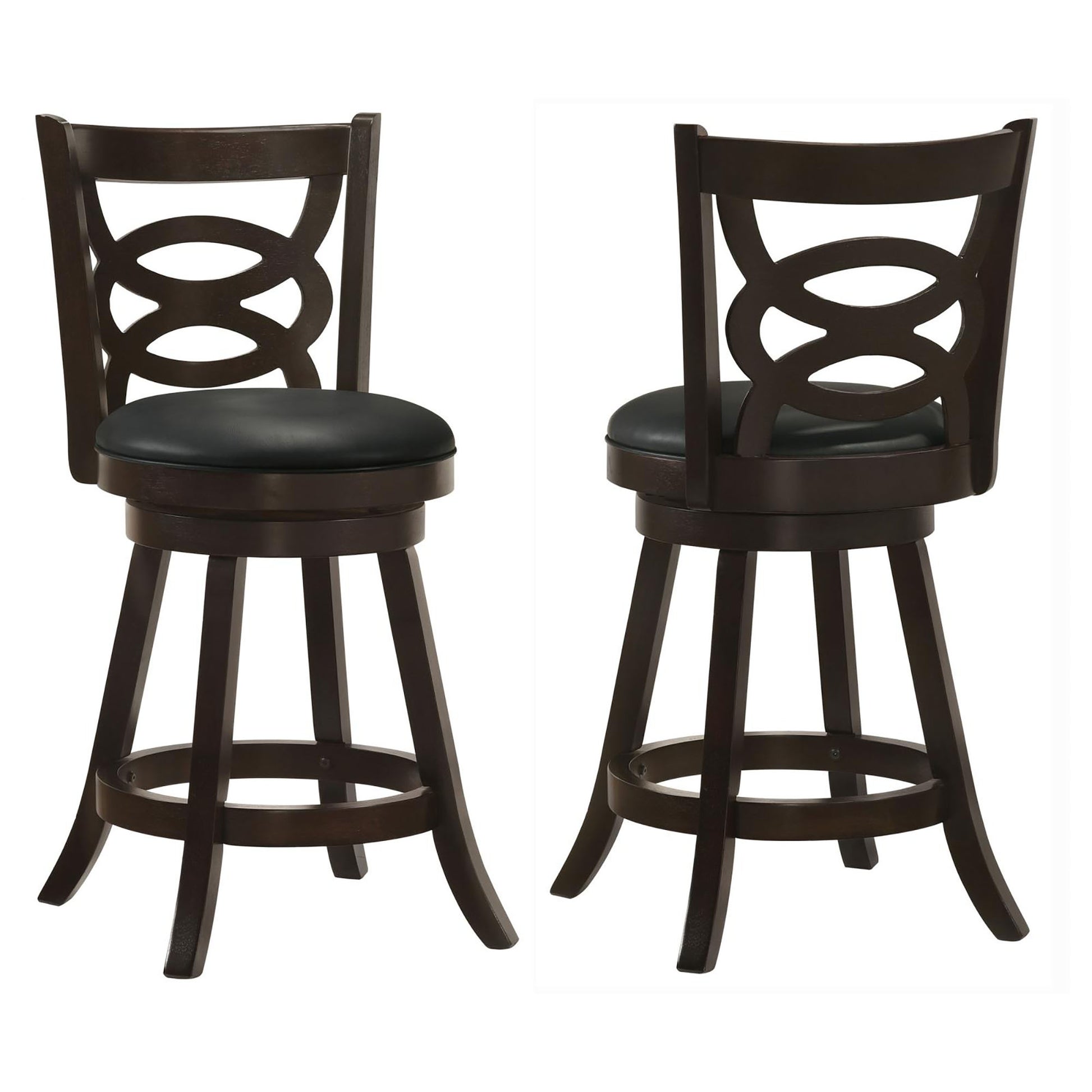Dark wood swivel bar stool with black seat and geometric backrest