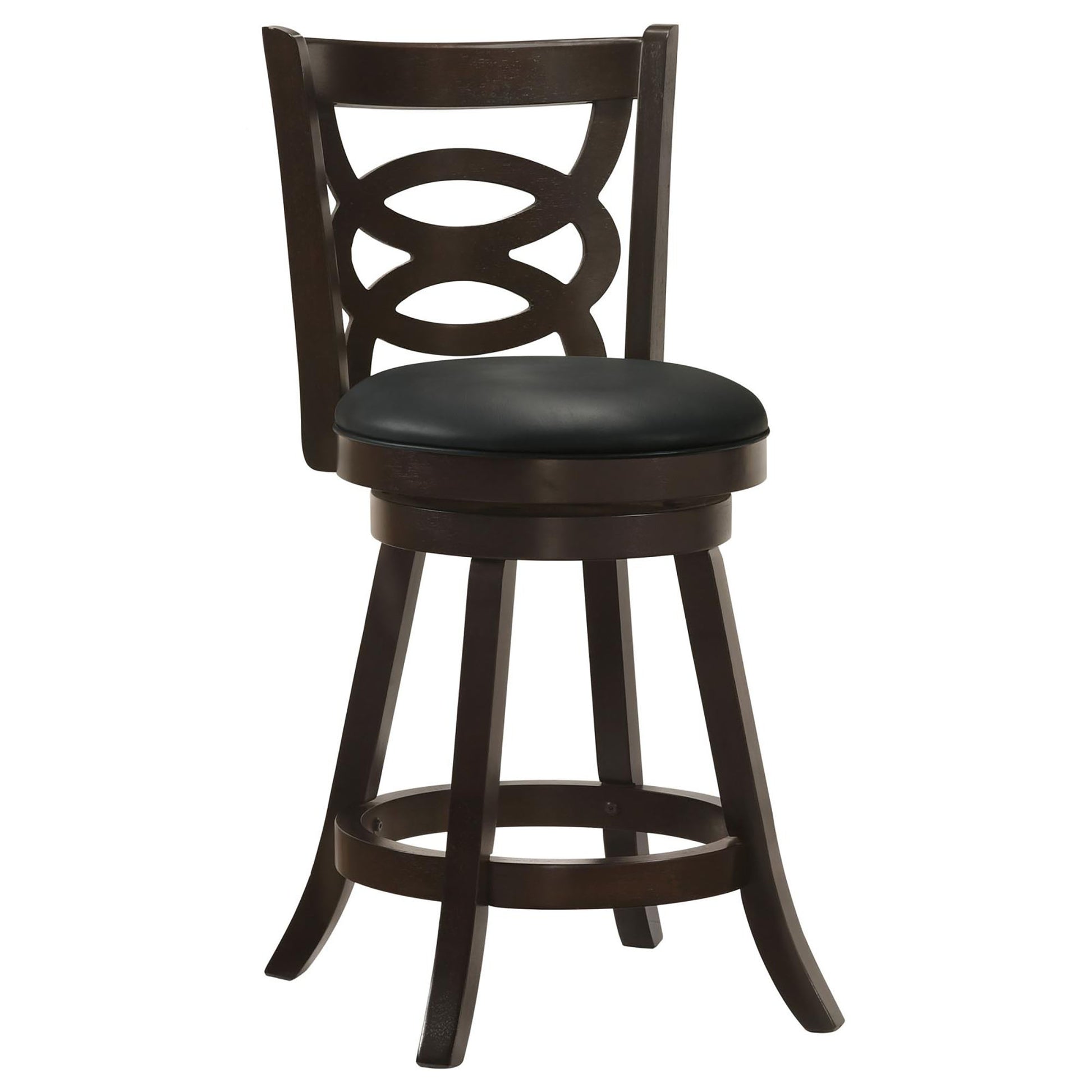 Dark brown wooden swivel bar stool with black vinyl seat and decorative backrest