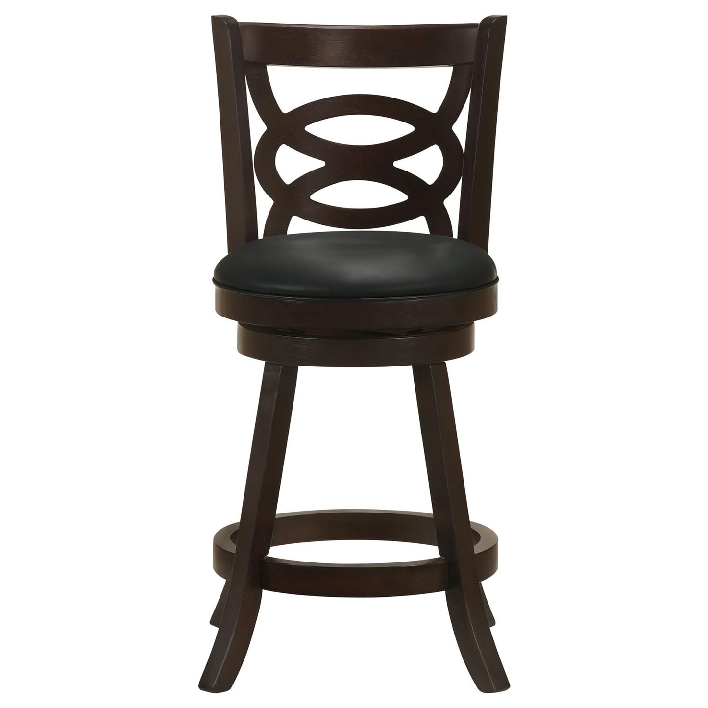 Dark brown wooden swivel bar stool with black vinyl cushion and geometric backrest