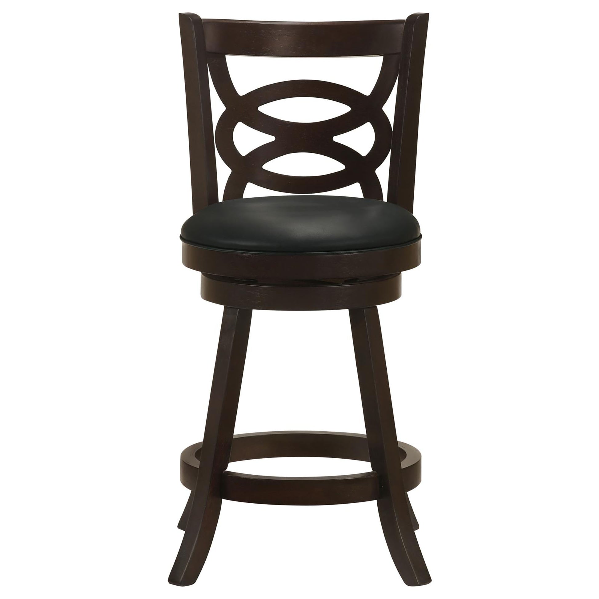 Dark brown wooden swivel bar stool with black vinyl cushion and geometric backrest