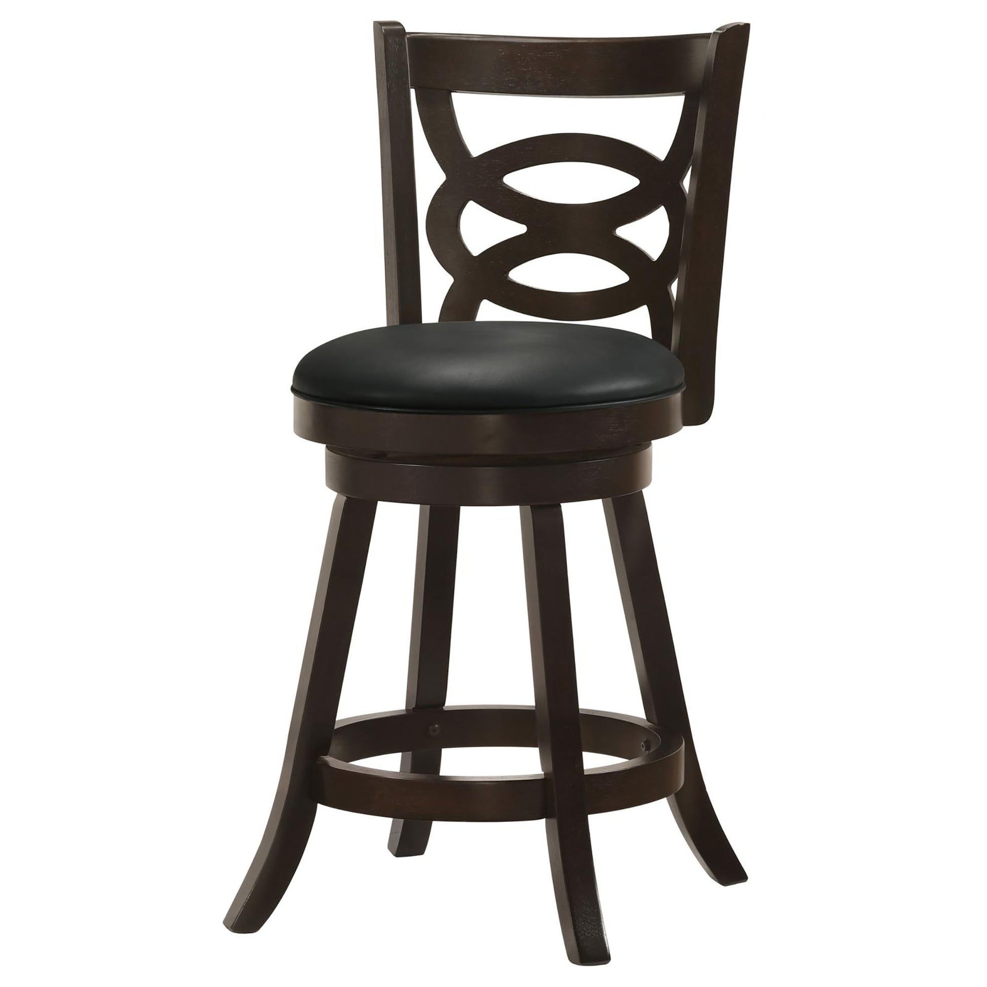 Dark brown wooden bar stool with a black faux leather swivel seat and decorative cutout back