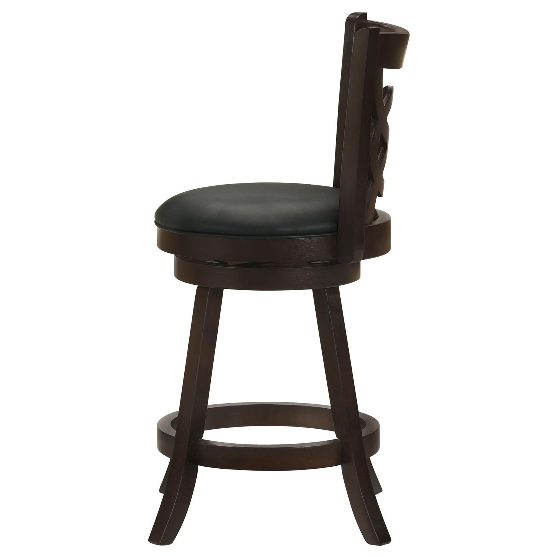 Dark brown wooden swivel bar stool with a black upholstered seat and carved backrest