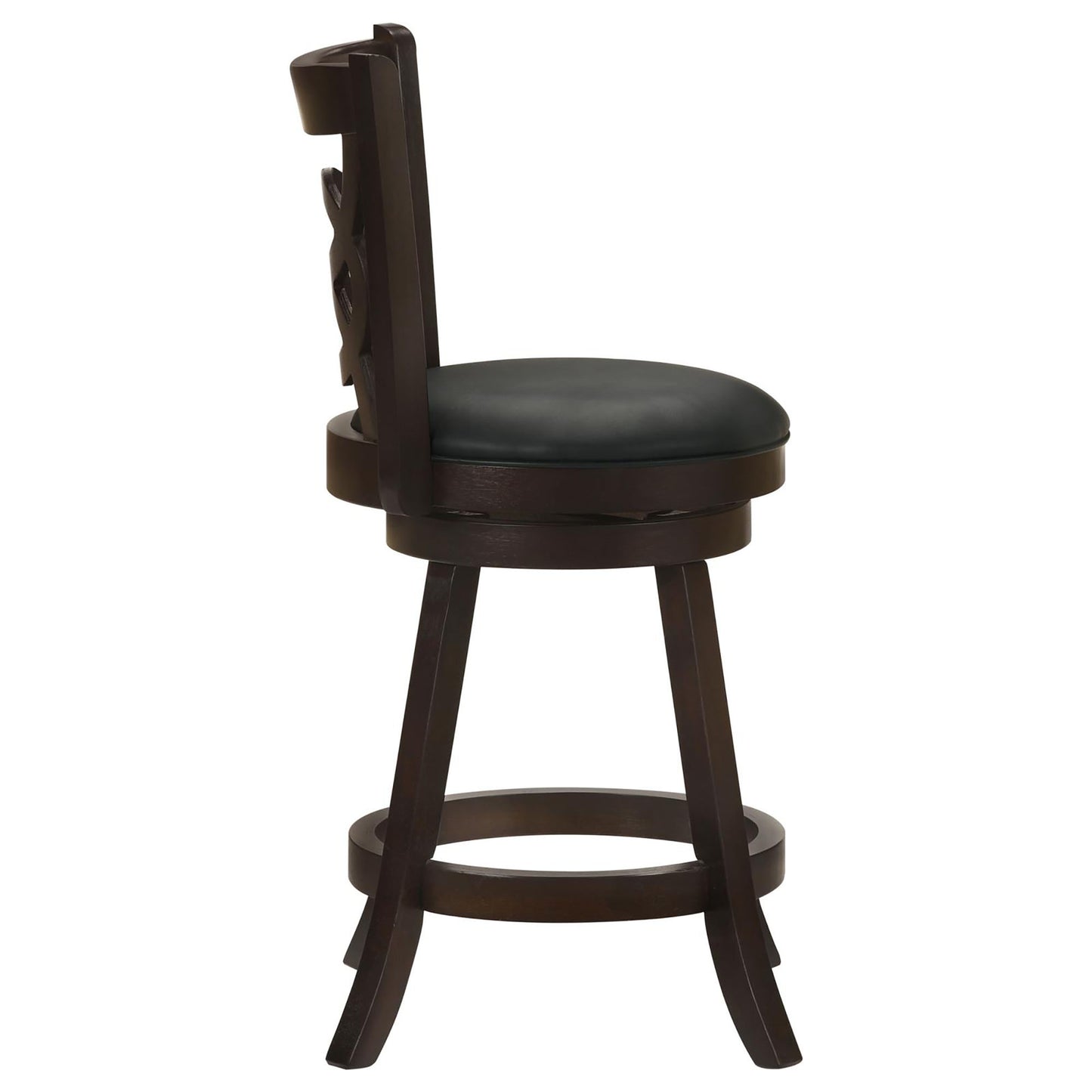 Dark wood swivel bar stool with carved back and black vinyl seat
