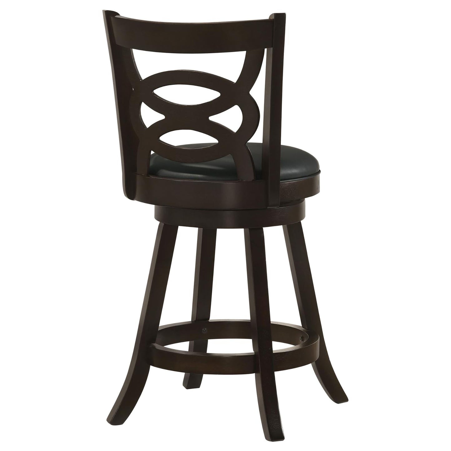 Dark brown wooden swivel bar stool with black upholstered seat and geometric back design