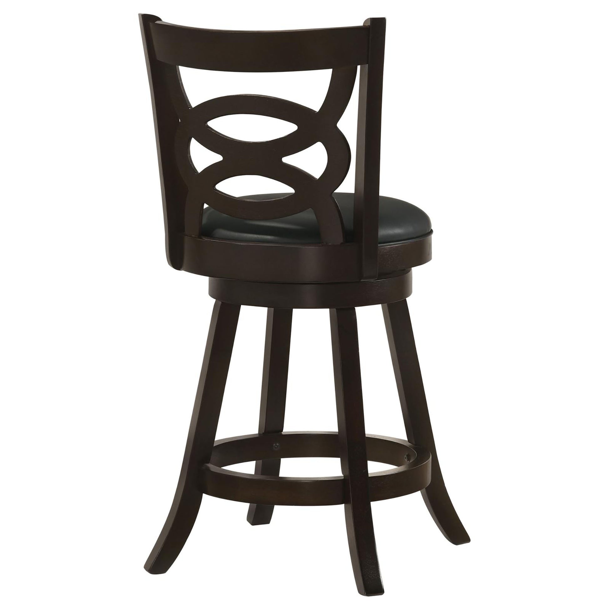Dark brown wooden swivel bar stool with black upholstered seat and geometric back design