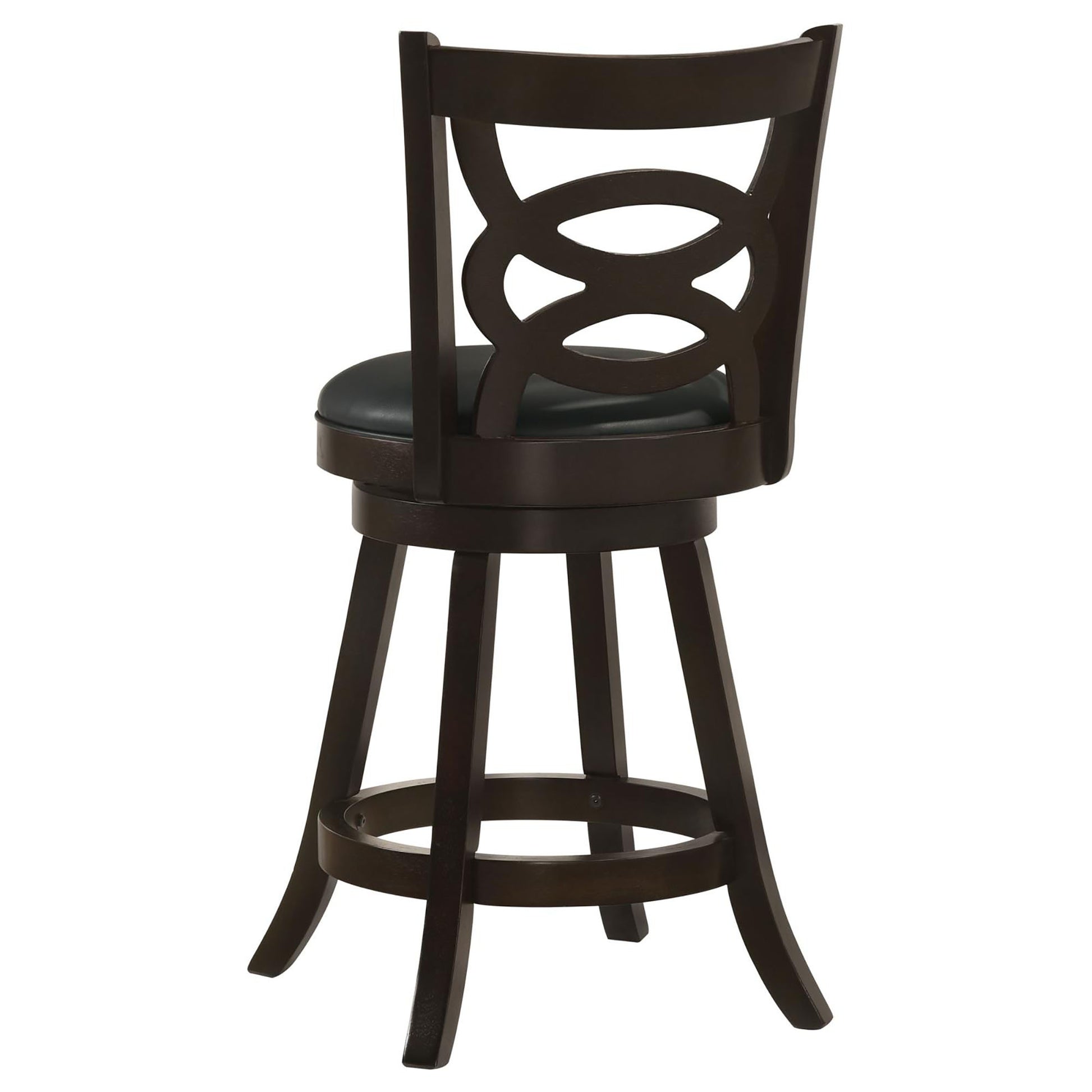 Dark wood swivel bar stool with a black faux leather seat and decorative circular back design