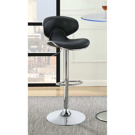 Black leather bar stool with chrome accents and adjustable height for modern kitchen island