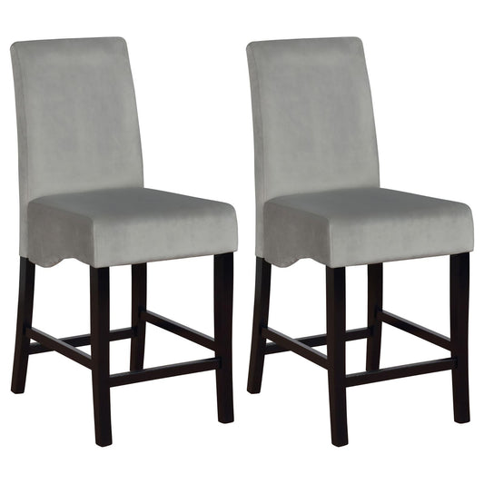 Two plush grey velvet upholstered bar stools with dark wooden legs
