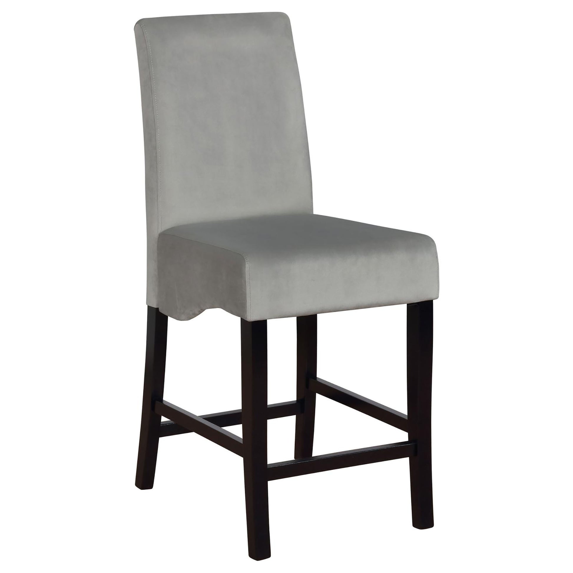 Light grey velvet upholstered bar stool with dark wood legs