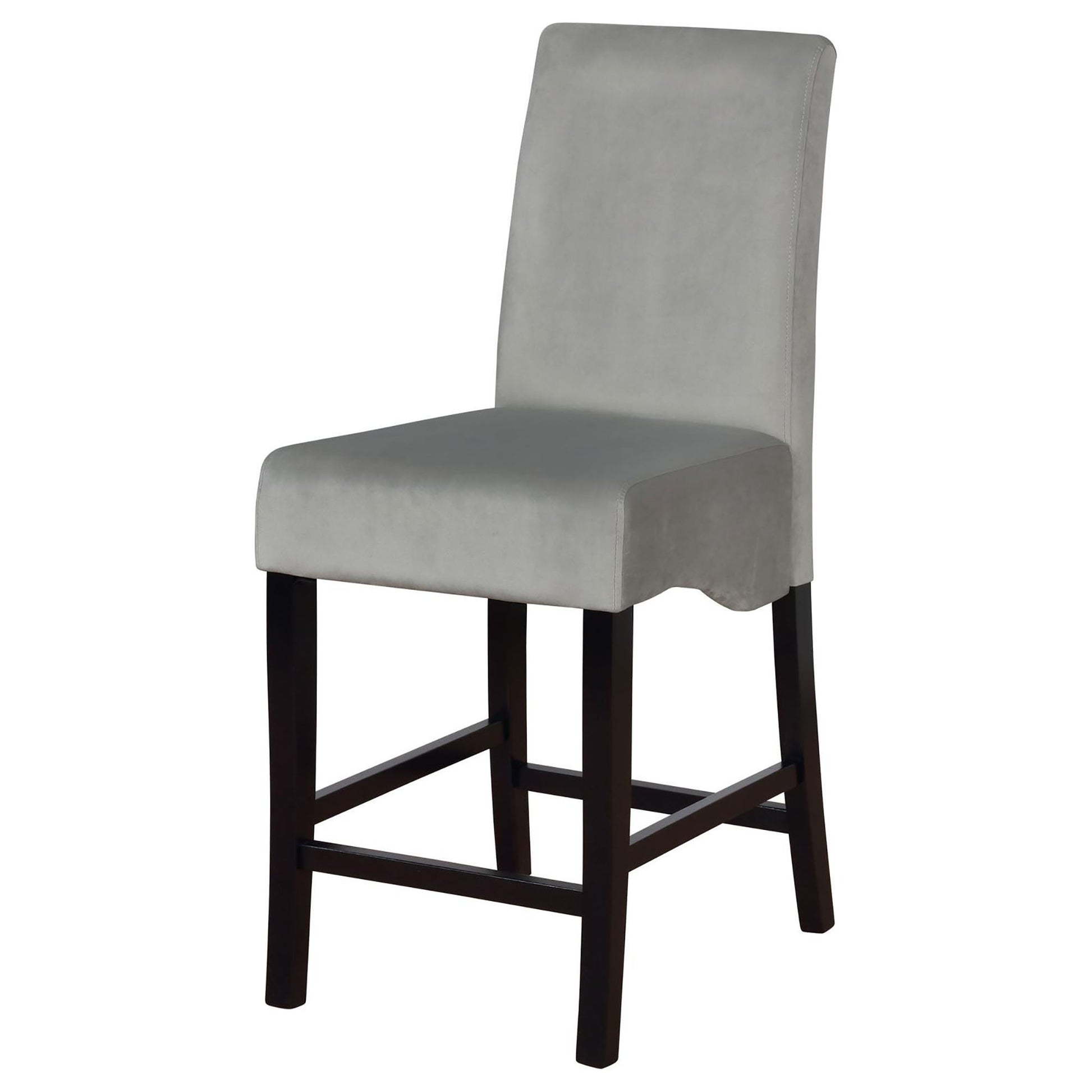 Upholstered grey counter stool with dark wood legs and clean lines