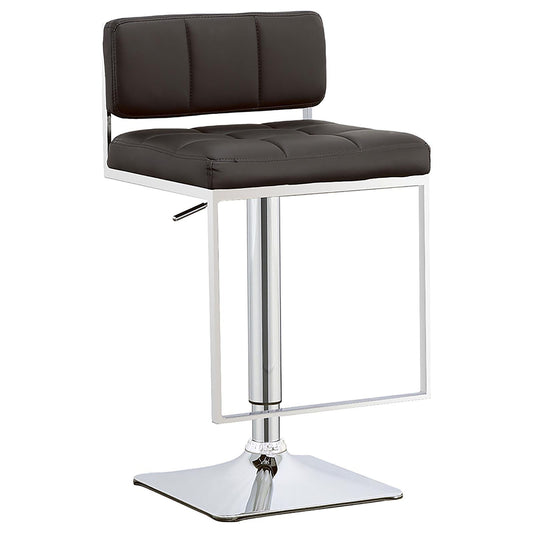 Dark brown tufted leatherette bar stool with polished chrome base and footrest