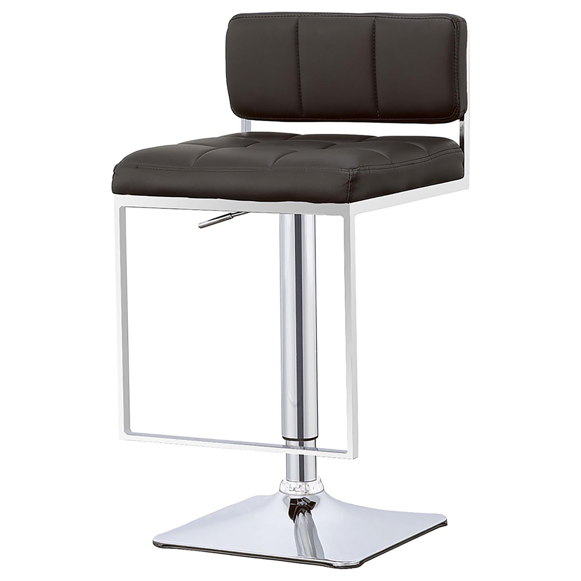 Dark brown tufted faux leather bar stool with chrome base and square seat