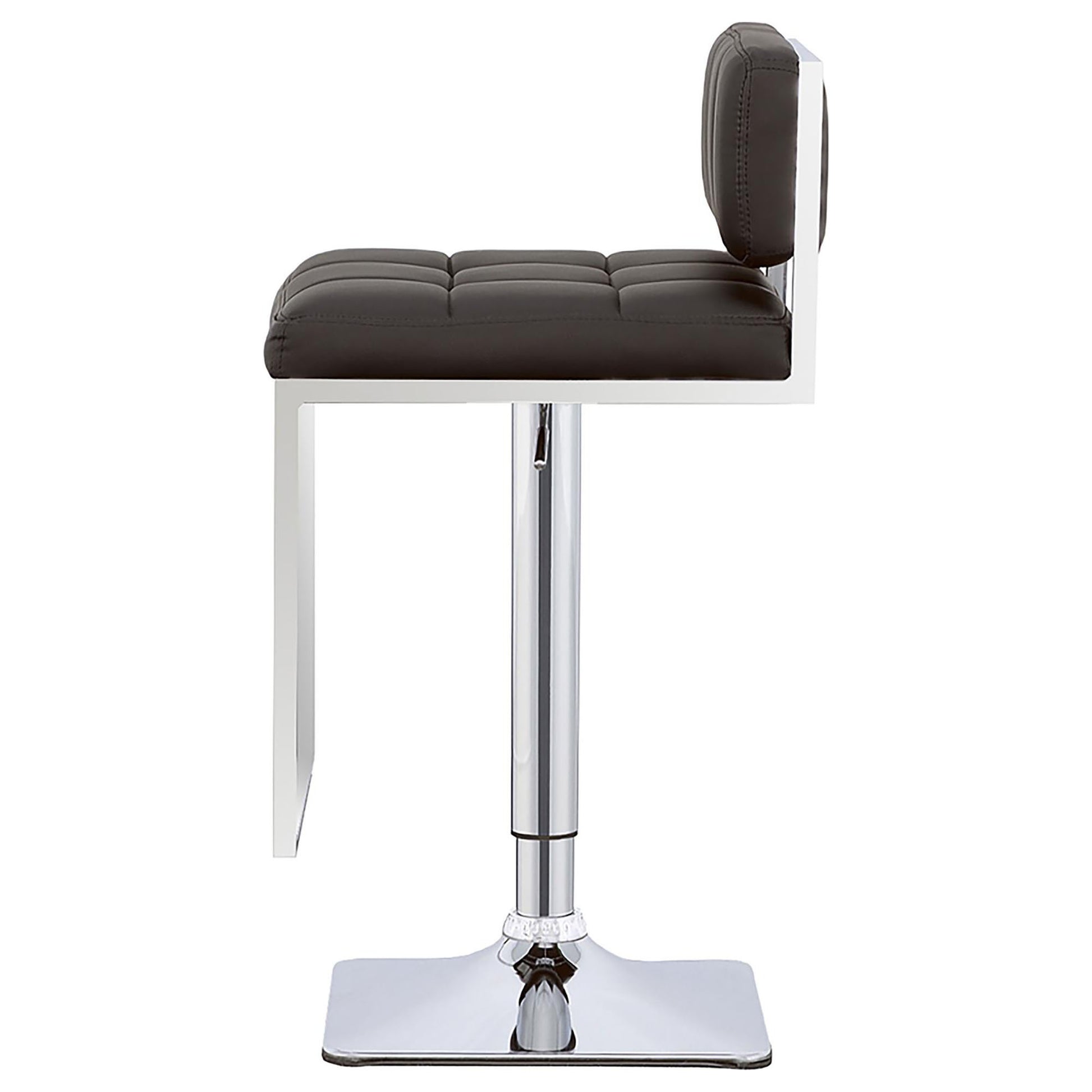 Dark brown faux leather bar stool with tufted seat and chrome base