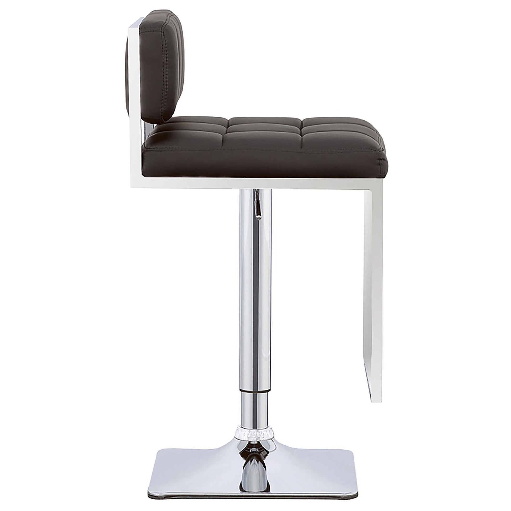 Modern dark brown tufted leatherette bar stool with white frame and chrome base