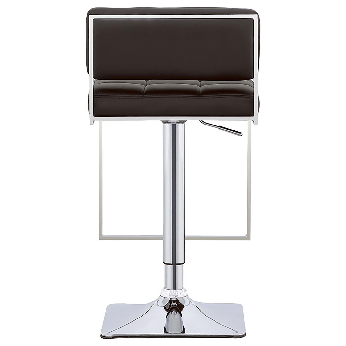 Adjustable height brown faux leather bar stool with chrome base and frame