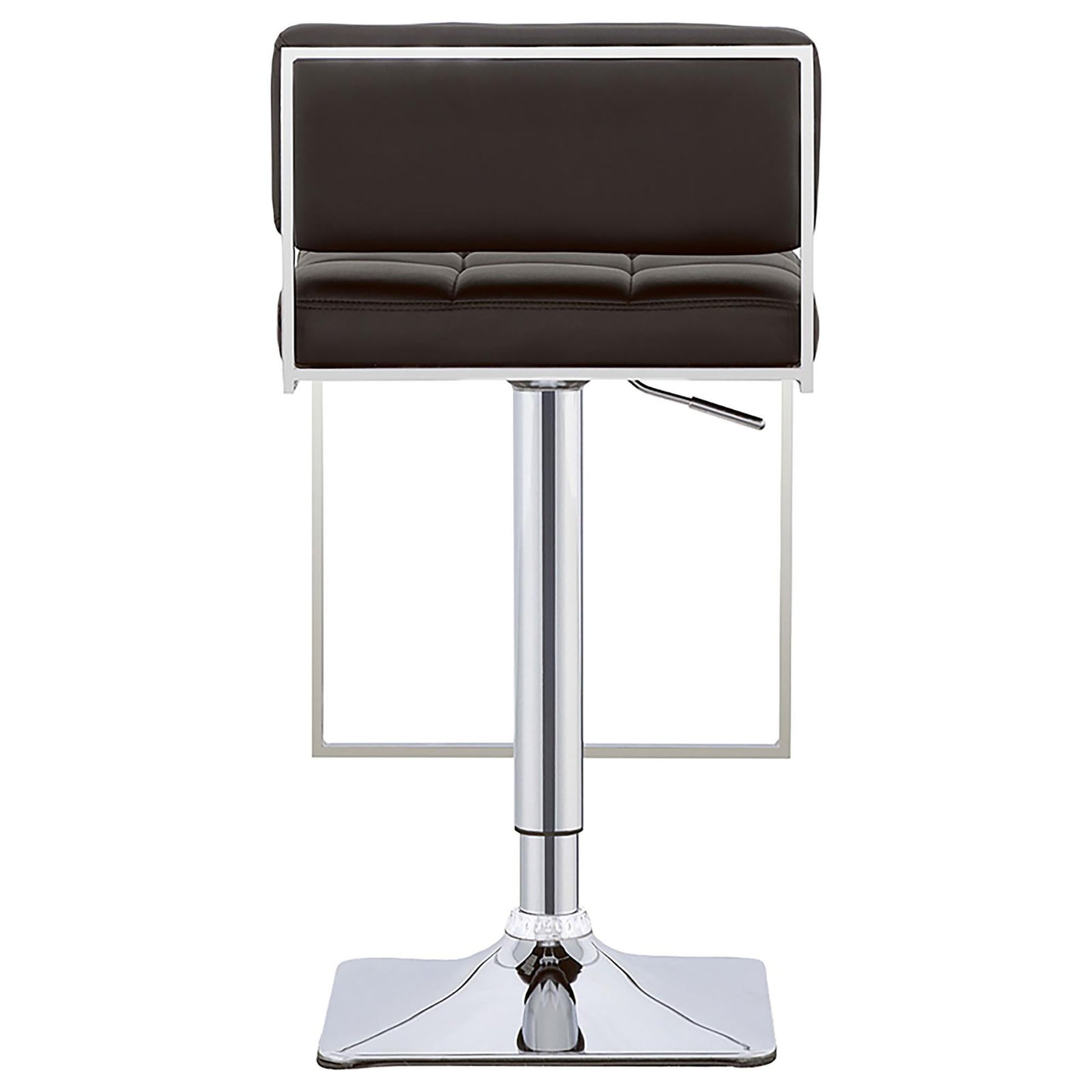 Adjustable height brown faux leather bar stool with chrome base and frame