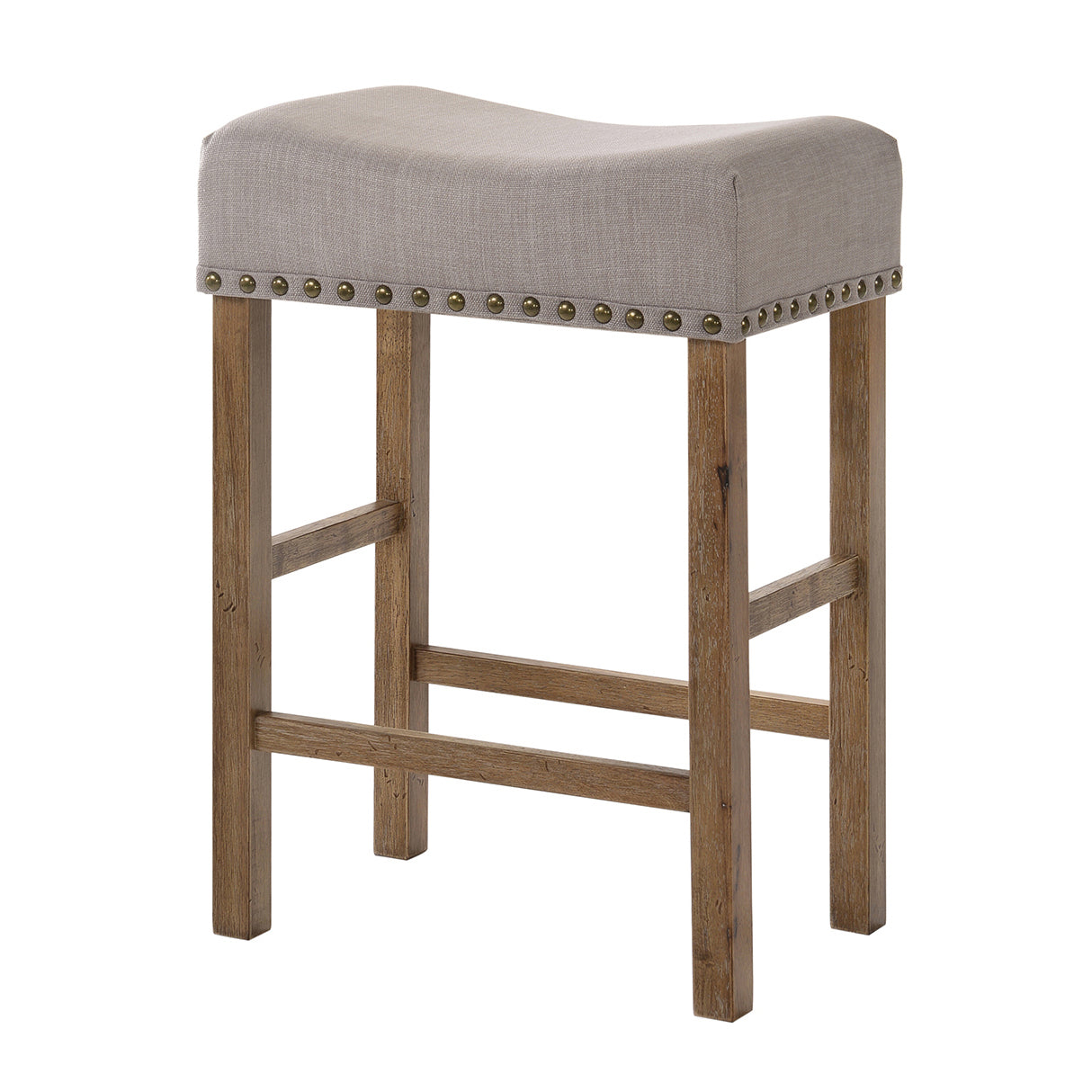 Gray upholstered saddle seat bar stool with nailhead trim and wooden legs