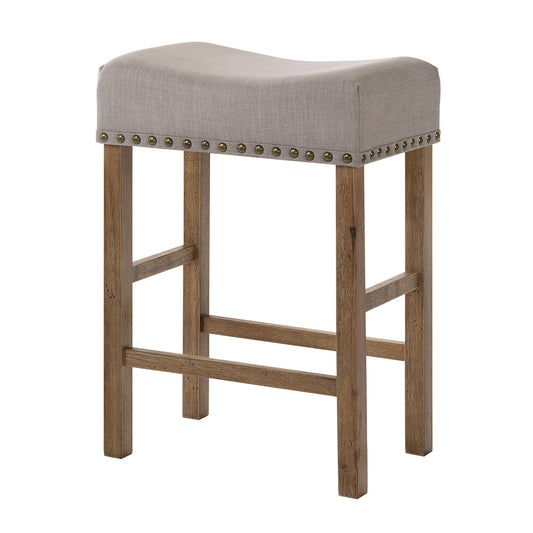 Gray upholstered saddle seat bar stool with nailhead trim and wooden legs