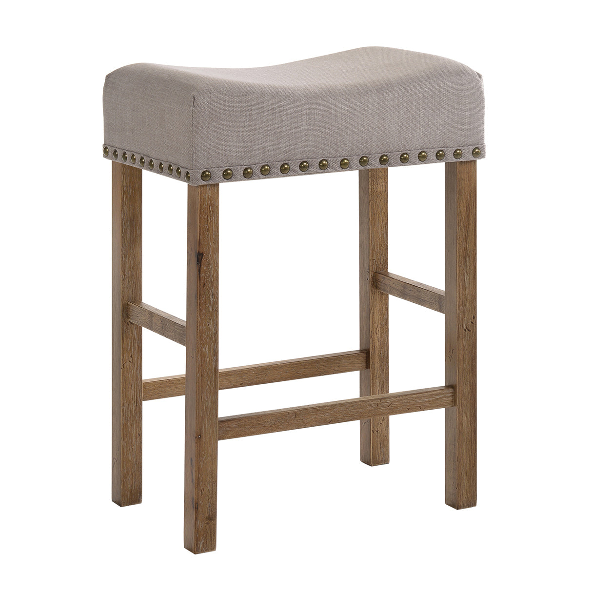 Upholstered grey saddle stool with brass nailhead trim and wooden legs